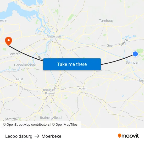 Leopoldsburg to Moerbeke map