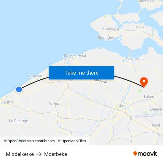 Middelkerke to Moerbeke map