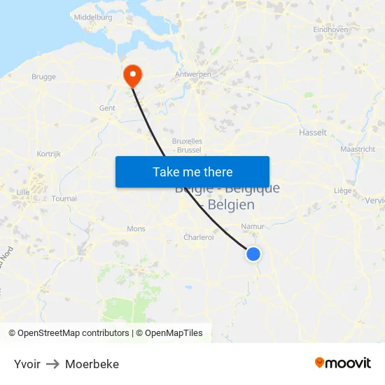 Yvoir to Moerbeke map