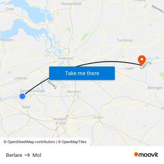 Berlare to Mol map