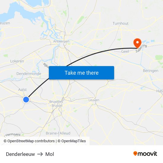 Denderleeuw to Mol map