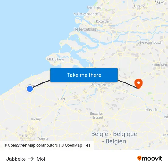Jabbeke to Mol map