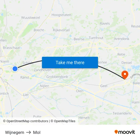 Wijnegem to Mol map