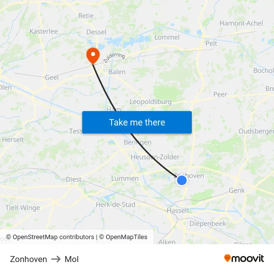 Zonhoven to Mol map
