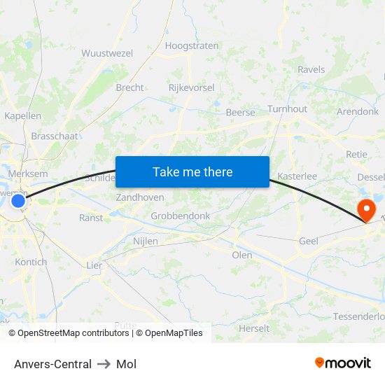 Anvers-Central to Mol map