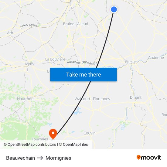 Beauvechain to Momignies map