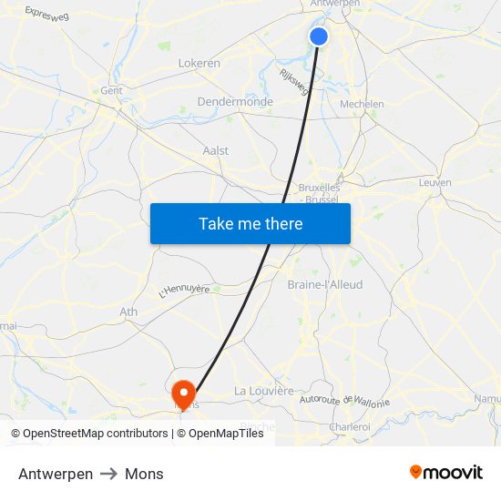 Antwerpen to Mons map