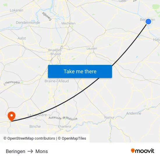 Beringen to Mons map