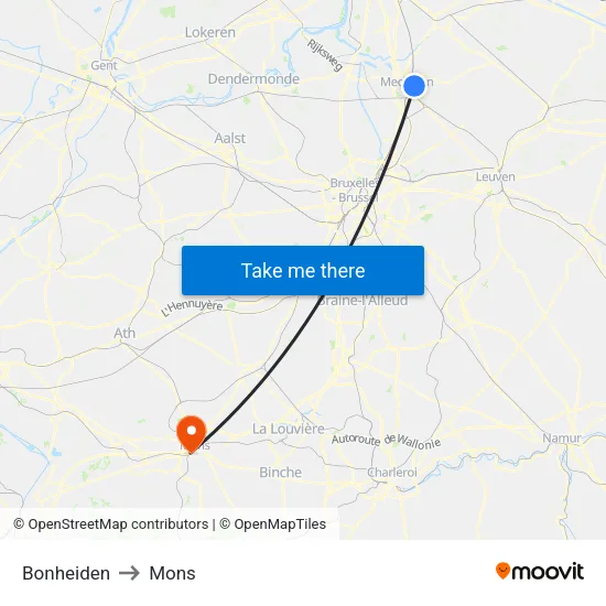 Bonheiden to Mons map