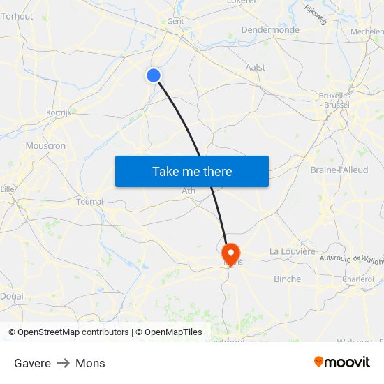 Gavere to Mons map