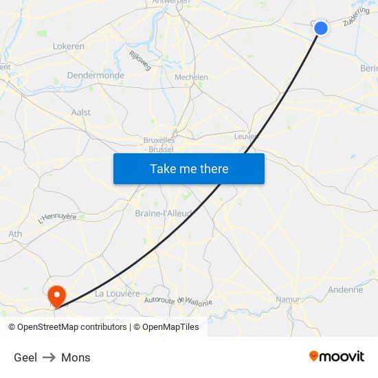 Geel to Mons map