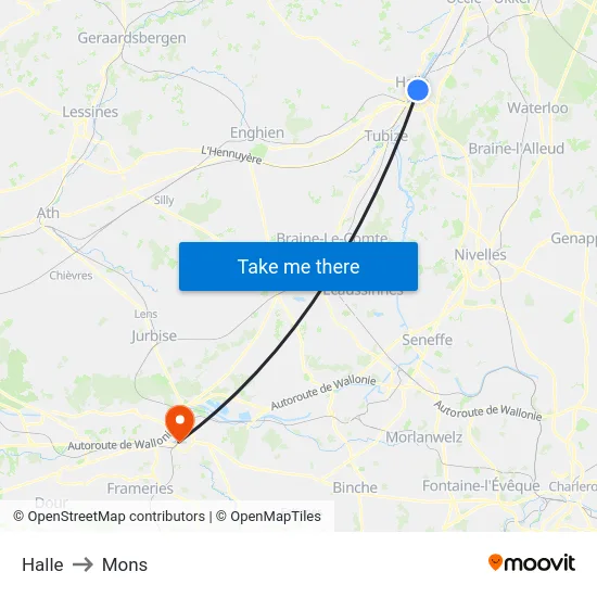 Halle to Mons map