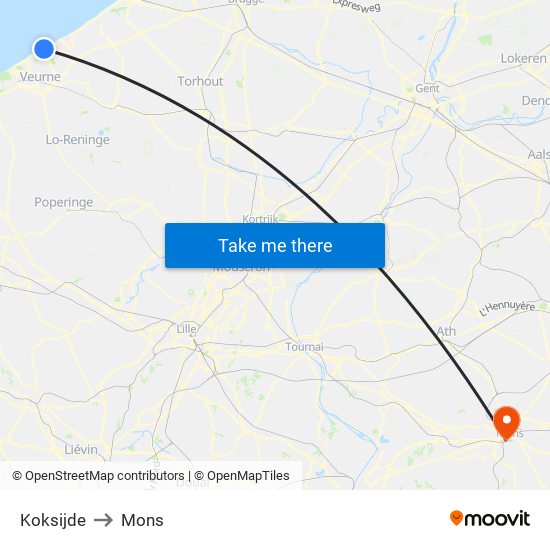 Koksijde to Mons map