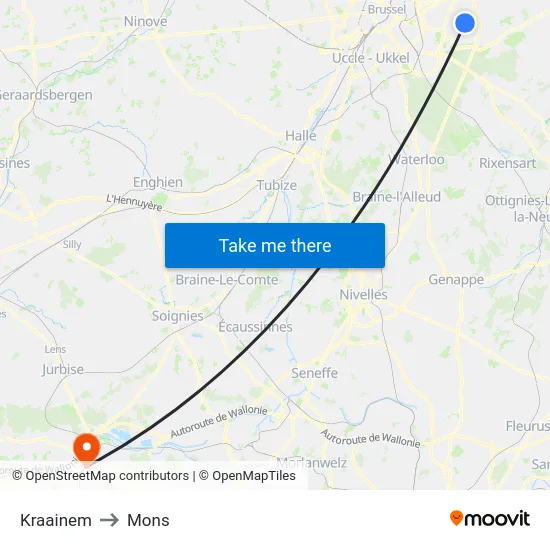 Kraainem to Mons map