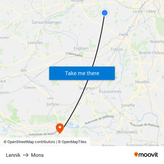 Lennik to Mons map