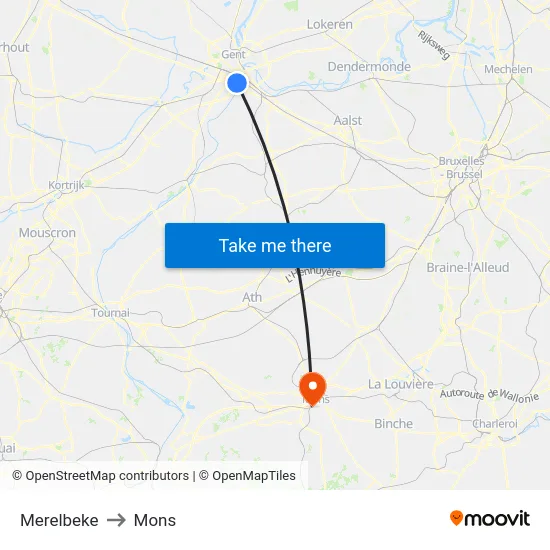 Merelbeke to Mons map