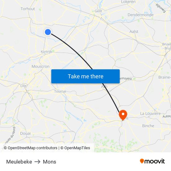 Meulebeke to Mons map