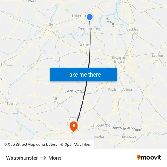 Waasmunster to Mons map
