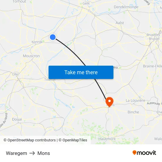 Waregem to Mons map