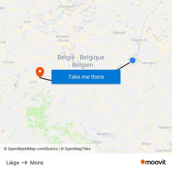 Liège to Mons map