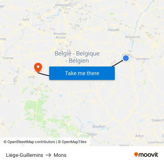 Liège-Guillemins to Mons map