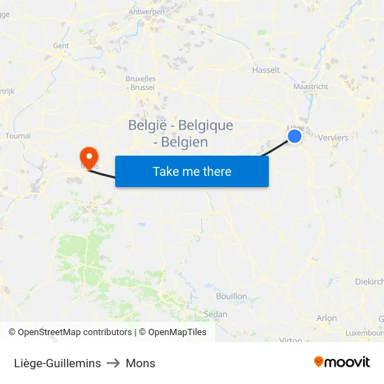 Liège-Guillemins to Mons map