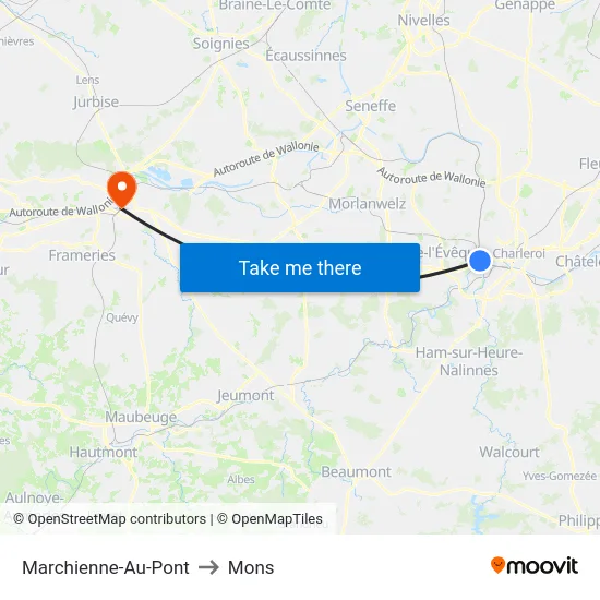 Marchienne-Au-Pont to Mons map