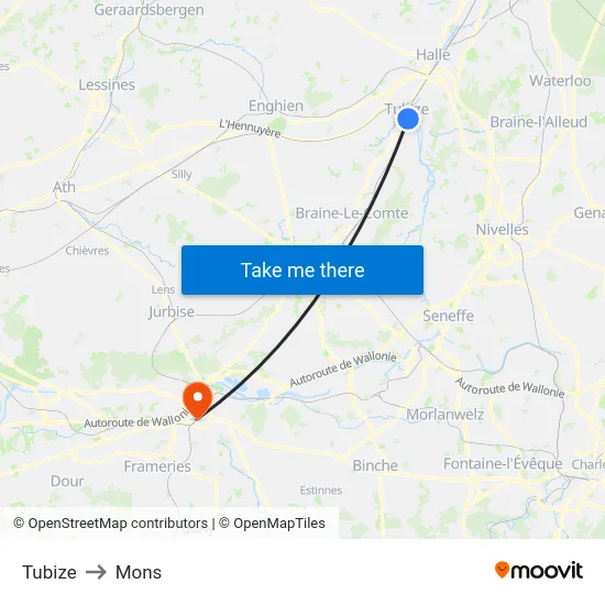 Tubize to Mons map