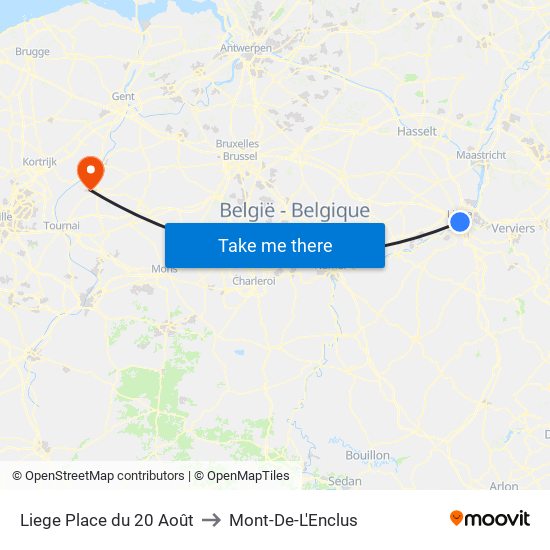 Liege Place du 20 Août to Mont-De-L'Enclus map
