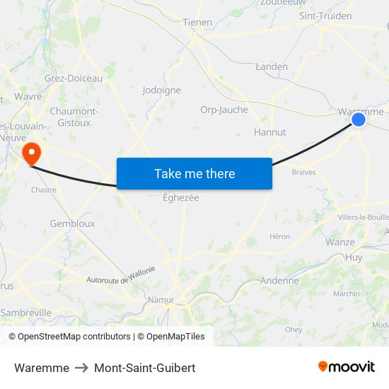 Waremme to Mont-Saint-Guibert map