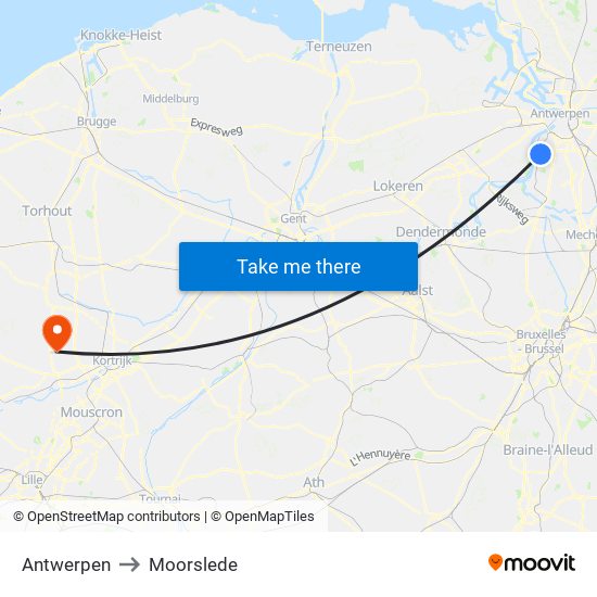 Antwerpen to Moorslede map