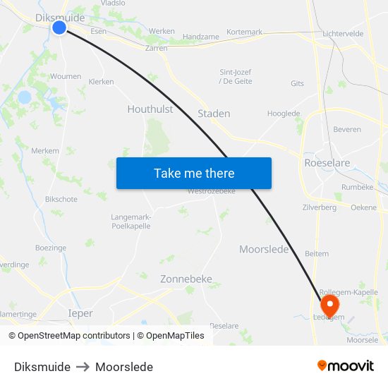 Diksmuide to Moorslede map