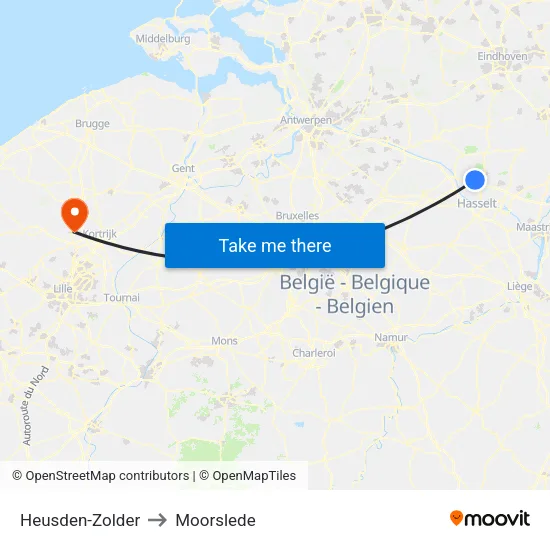 Heusden-Zolder to Moorslede map