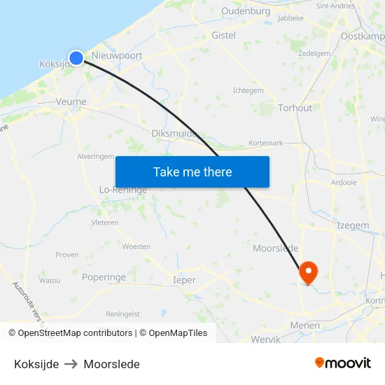 Koksijde to Moorslede map