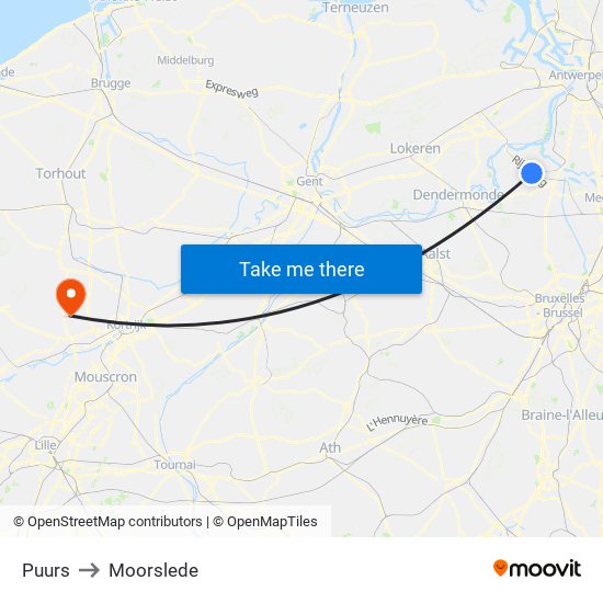 Puurs to Moorslede map