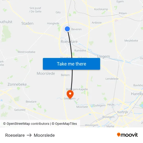 Roeselare to Moorslede map