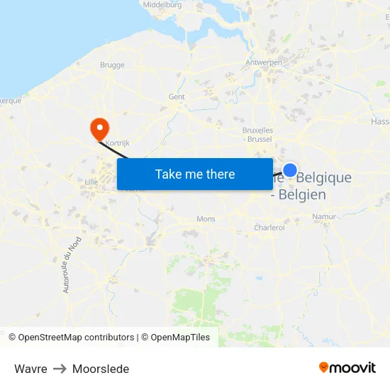 Wavre to Moorslede map