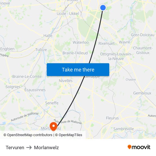 Tervuren to Morlanwelz map