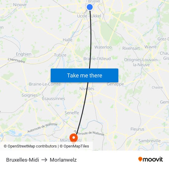 Bruxelles-Midi to Morlanwelz map