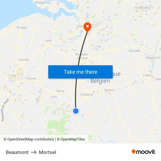 Beaumont to Mortsel map