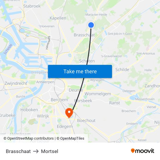 Brasschaat to Mortsel map