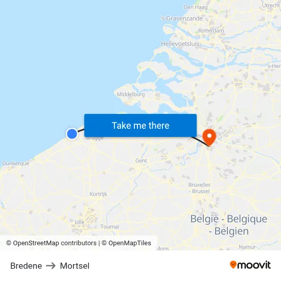 Bredene to Mortsel map