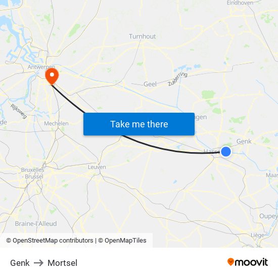 Genk to Mortsel map