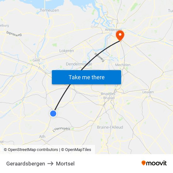 Geraardsbergen to Mortsel map