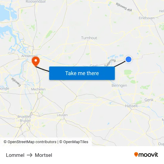 Lommel to Mortsel map