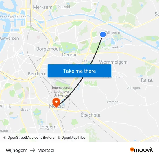 Wijnegem to Mortsel map
