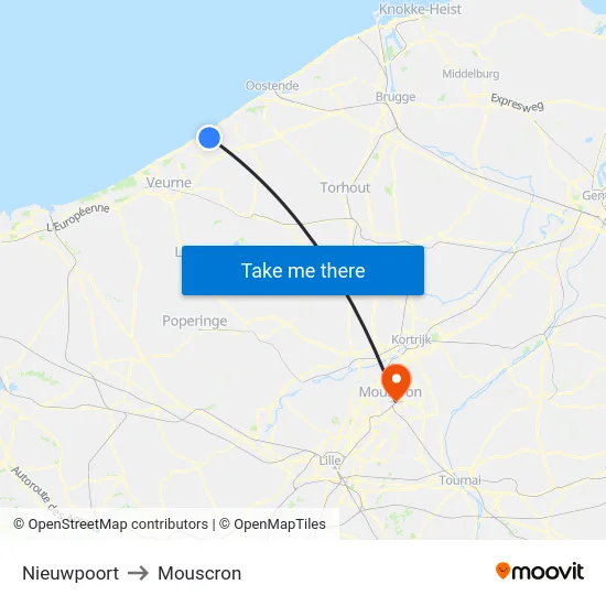 Nieuwpoort to Mouscron map
