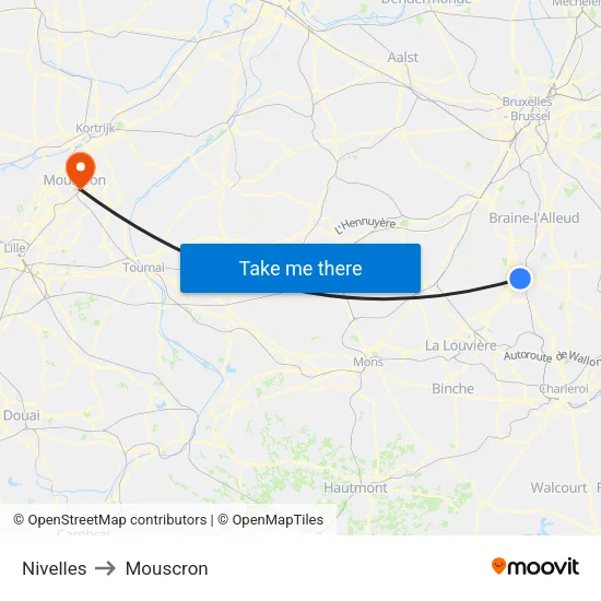 Nivelles to Mouscron map