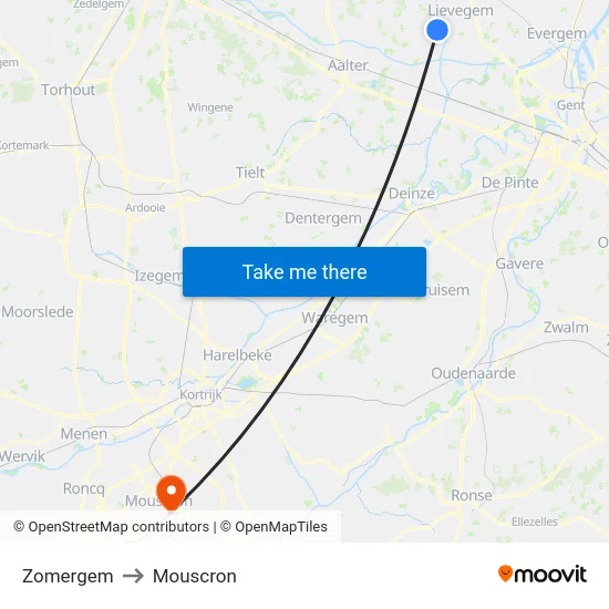 Zomergem to Mouscron map