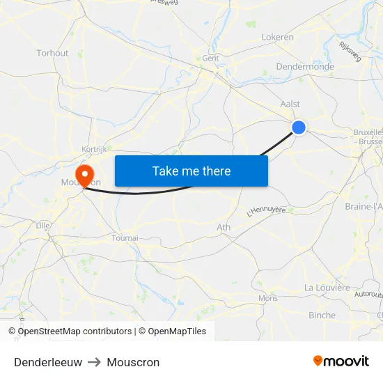Denderleeuw to Mouscron map